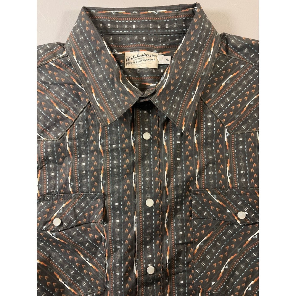 Justin & Sons Western Shirt Mens XL Black Orange Aztec Pearl Snap Geometric L/S